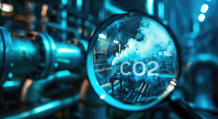 A magnifying glass over an industrial plant with smoke billowing from pipes, the words "CO2" visible in white letters through its lens.