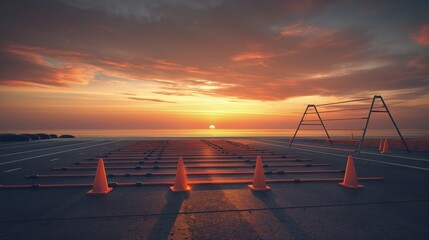 Fototapeta premium A set of agility ladders and cones set up on a flat area of a beach, ready for a high-energy bootcamp workout at dawn.