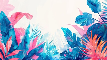 An exotic jungle scene is abstractly portrayed in a cute creative cyber minimal charismatic watercolor painting