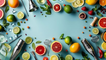 Featuring a creative flat lay template of cocktail ingredients and bar tools, it mixes a theme of entertainment and mixology, with solid background and copy space on center