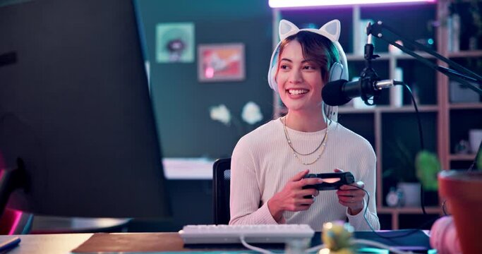Gamer, influencer and livestream for social media, video and podcast for online app or network. Woman, gen z and microphone for production, website or internet technology for mic or mobile broadcast
