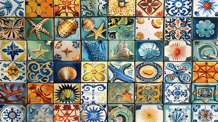 ceramic tile glossy colorful pattern sea themed, corals, shells, fish, vibrant, tile pattern, moroccan tile