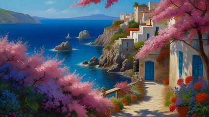 view of a sun-drenched Mediterranean coastal village