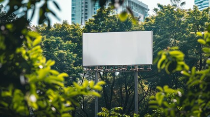 Nestled against a blur of trees in a city park, the creative white blank mockup blends sustainability with advertising, white blank poster billboard Sharpen with large copy space