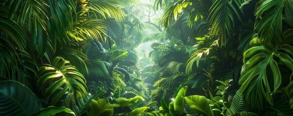 Rainforest landscape teems with lush greenery and vibrant life, Sharpen banner template with copy space on center