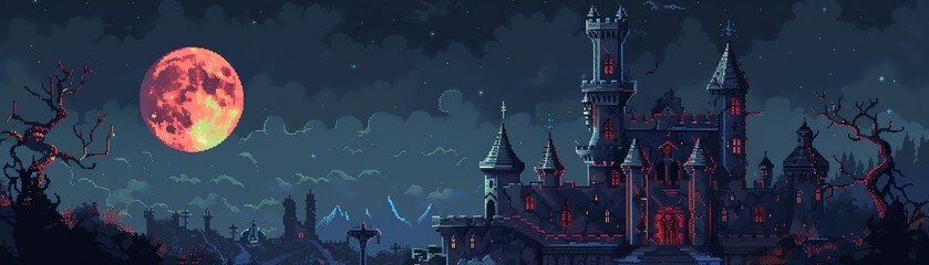 Naklejka premium A pixel art of a haunted castle with a blood red moon in the background. The castle is surrounded by a dark forest and there is a graveyard in the foreground.