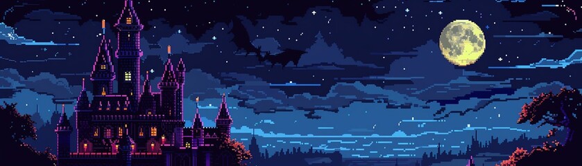 A pixel art image of a castle at night. The castle is dark and mysterious, with a large moon hanging in the sky.