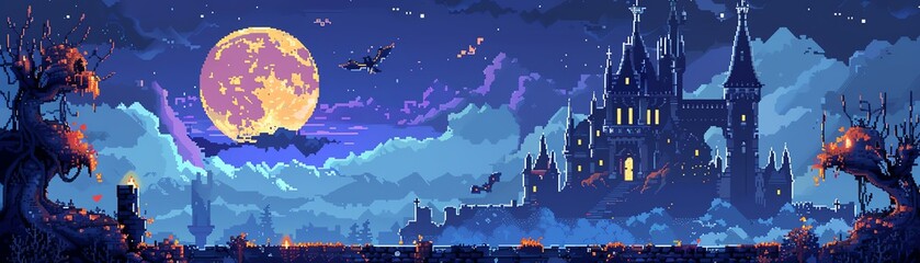 A pixel art of a haunted castle with a full moon in the background. The castle is surrounded by bats and has a spooky atmosphere.