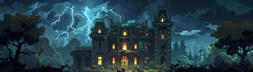 A pixelated haunted house with a stormy background.