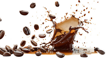 splashing coffee with coffee beans, isolated on white background, 3d rendering.
