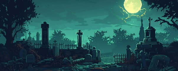A pixelated graveyard at night. The full moon is shining and there is a dark, stormy sky. Tombstones and trees are scattered throughout the graveyard.
