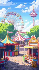 A colorful funfair with a Ferris wheel, various stalls and rides. The sky is blue and there are white clouds.