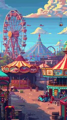 Create a pixelated image of a funfair with a Ferris wheel, a carousel, and a roller coaster. Make the colors vibrant and the atmosphere lively.