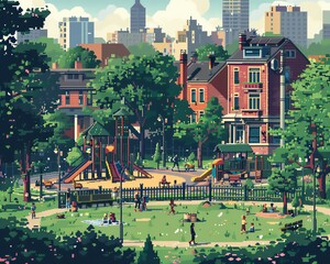 Obraz premium A pixelated image of a park with a playground, surrounded by a fence. There are trees, bushes, and flowers in the park. There are also people playing and relaxing in the park.