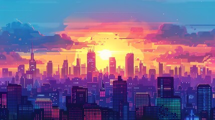 Fototapeta premium A beautiful pixel art illustration of a cityscape at sunset