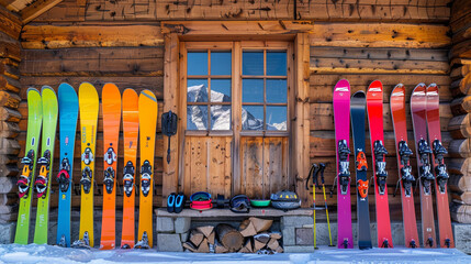 A colorful array of downhill ski equipment lined up outside a cozy alpine chalet, with skiers gearing up for a day of carving fresh tracks down powdery slopes and -ski relaxation 
