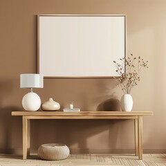 A minimal living room with a large blank picture frame mock up on the wall Japandi style