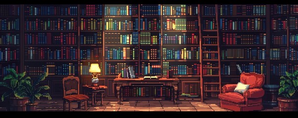 A pixel art image of a library