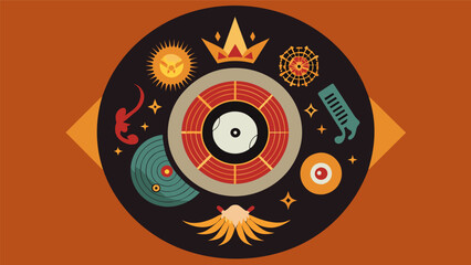A vinyl record with intricate artwork depicting a fusion of different cultural symbols representing the diverse influences behind its music. Vector illustration