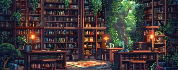 Obraz premium A cozy library filled with bookshelves, a large desk, and a comfortable reading chair. The library is surrounded by lush greenery, creating a peaceful and inviting atmosphere.
