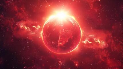 Obraz premium The glowing epic red sun with light in space dazzles on the futuristic space banner, symbolizing energy and power, Sharpen banner template with copy space on center