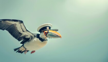 The image showcases a closeup halfbody of a charismatic migratory bird in a pilots uniform