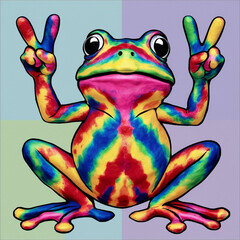 AI generated illustration of a colorful frog showing peace sign