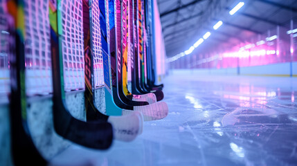 A row of colorful hockey sticks leaning against the boards of an ice hockey rink, awaiting the start of a thrilling match between rival teams under the glow of arena lights.