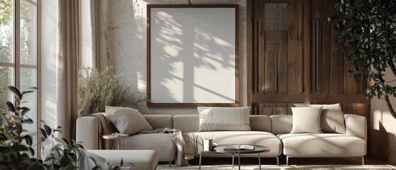 The Mockup poster frame in a farmhouse living room complements the homely and warm atmosphere, 3D render sharpen - obrazy, fototapety, plakaty