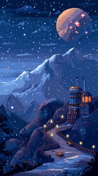 Generate a pixel art image of a mountain landscape with a large moon and a starry night sky. The image should be 256x256 pixels and use a limited color palette.