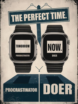 AI generated illustration of two watches with words "tomorrow" and "now", perfect time concept