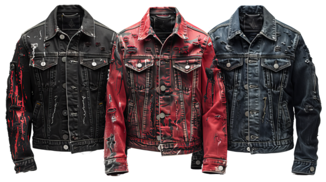 Trio of customized denim jackets on transparent background