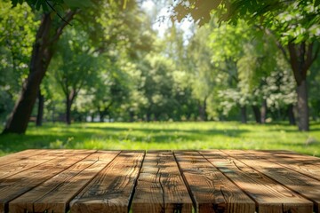 The wooden table at the summer park serves as a perfect picnic spot under the shade of lush trees, Sharpen 3d rendering background