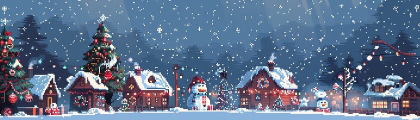 A beautiful pixel art Christmas village. The snow is falling and the lights are twinkling. The villagers are busy preparing for the holiday.