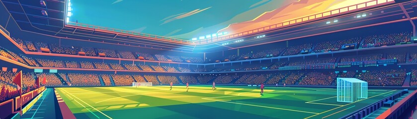 A large soccer stadium with green field and bright lights.