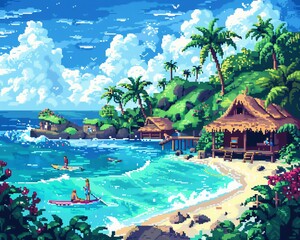 A beautiful pixel art of a beach with palm trees, a hut, and people surfing in the ocean.