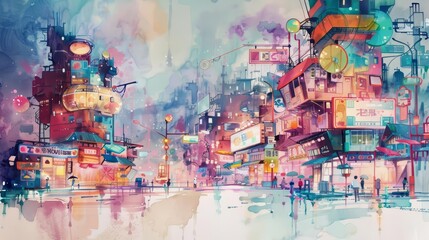 Naklejka premium This piece uses uncanny techniques to show a cute creative cyber minimal charismatic watercolor painting of a bustling futuristic marketplace