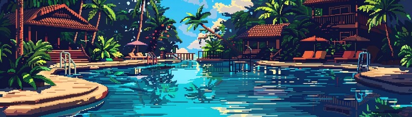 A pixel art image of a tropical resort. There are palm trees, lounge chairs, and a swimming pool. The water in the pool is crystal clear.