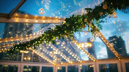A sophisticated rooftop wedding venue setup with a clear top tent, hanging greenery, and city lights twinkling in the background.