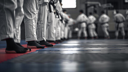 row of taekwondo sparring pads lined up on a gym floor, with students practicing kicks and punches under the watchful eye of their instructor and the spirit of discipline and camaraderie permeating