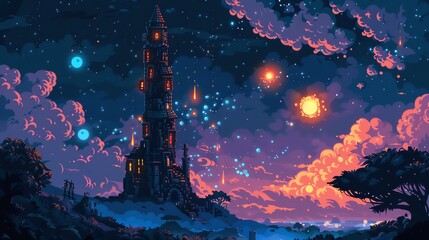 Generate pixel art of a night sky with a tower in the foreground and a large moon in the background