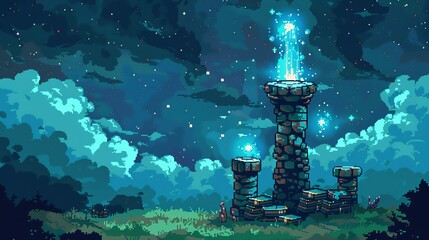 A pixel art image of a stone tower with a glowing crystal on top. The tower is surrounded by clouds and there are stars in the sky.