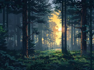 Create a pixel art image of a forest with a sunset. The image should be 128x128 pixels. The color palette should be limited to 16 colors.