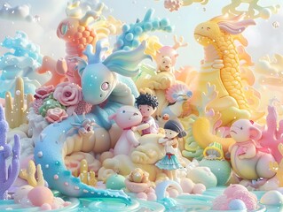 Fototapeta premium Fantastical Underwater Dreamscape with Vibrant Aquatic Creatures and Surreal Celestial Elements