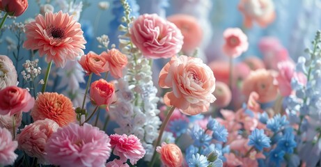 Soft pastel floral arrangements in a garden setting