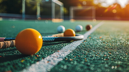 A set of field hockey sticks and balls laid out on the sidelines of a field hockey field, with teams warming up and strategizing before a fast-paced match filled with skillful dribbles and powerful 