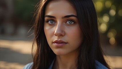 Fototapeta premium Photorealistic Portrait: 25-Year-Old Turkish Woman with Long Black Hair and Blue Eyes in Soft Sunlight.
