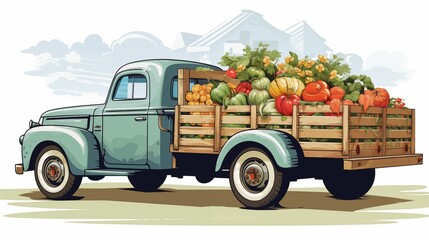 Old-fashioned farm truck laden with colorful crates of fresh vegetables depicted in a picturesque nostalgic vector illustration.