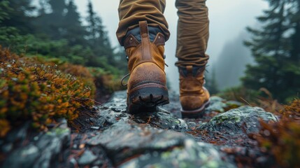 Man hiking up a mountain trail with a close-up of his leather hiking boots - obrazy, fototapety, plakaty