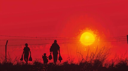 A heartbreaking image depicting the plight of refugees fleeing wartorn areas, emphasizing the human cost of conflict